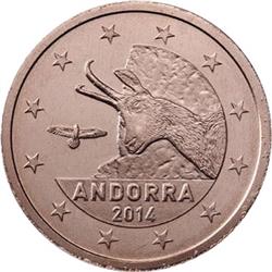 Obverse of Andorra 1 cent 2014 - Pyrenean Chamois and indigenous Vulture