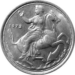 Reverse of Greece 20 drachmas 1973 - Nymph on a horse Type A