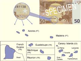 Euro banknotes show a geographical representation of Europe