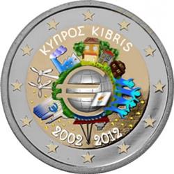 Obverse of Cyprus 2 euros 2012 - 10 years of euro banknotes and coins