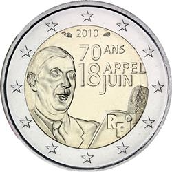 Obverse of France 2 euros 2010 - 70th Anniversary of General De Gaulle''s Appeal of 18 June