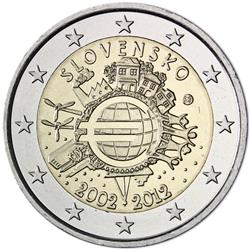 Obverse of Slovakia 2 euros 2012 - 10 years of euro banknotes and coins