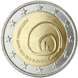 Obverse of Slovenia 2 euros 2013 - 800th anniversary of visits to Postojna Cave